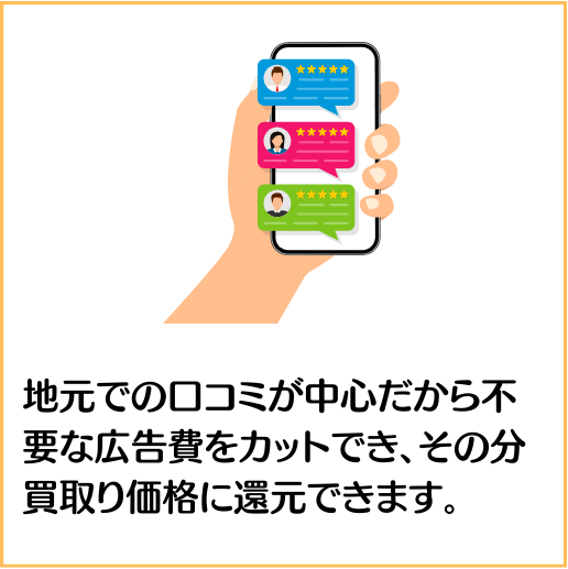 地元での口コミが中心だから不要な広告費をカットでき、その分買取り価格に還元できます。